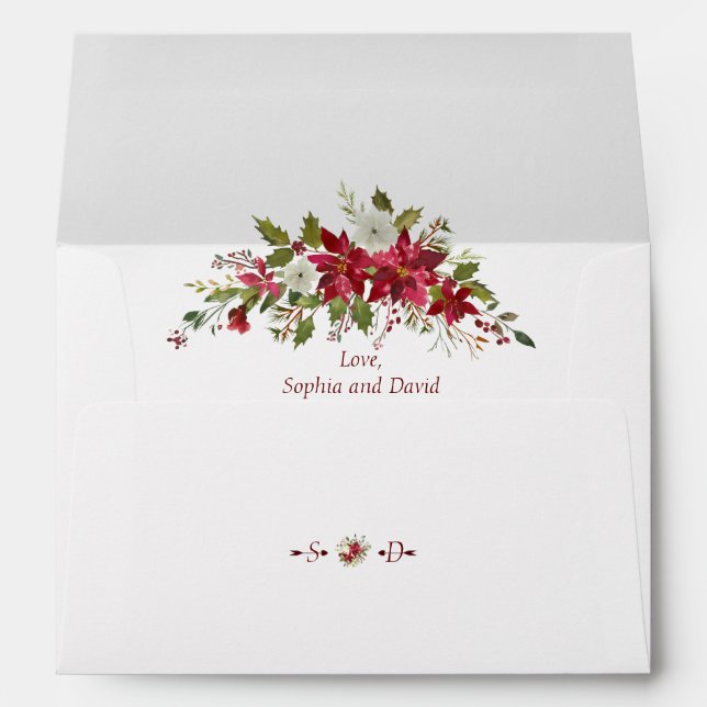 Watercolour Red Poinsettia Wedding Return Address Envelope (Back (Bottom))