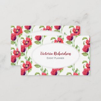 Watercolour Red Poppies Floral Art White Oval Business Card