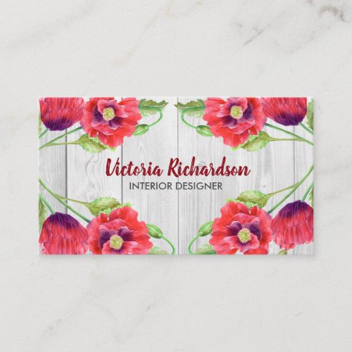 Watercolour Red Poppies Grey Wood Grain Pattern Business Card