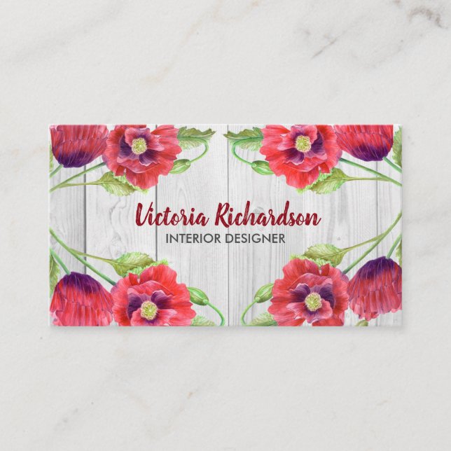Watercolour Red Poppies Grey Wood Grain Pattern Business Card (Front)