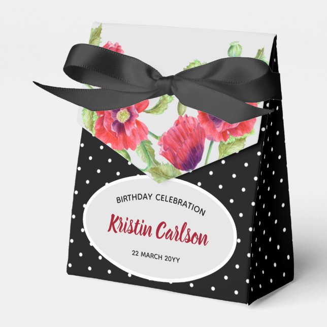 Watercolour Red Poppies with Black White Polka Dot Favor Boxes (Front Side)