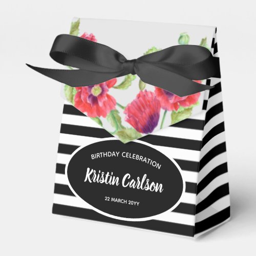 Watercolour Red Poppies with Black White Stripes Favor Boxes