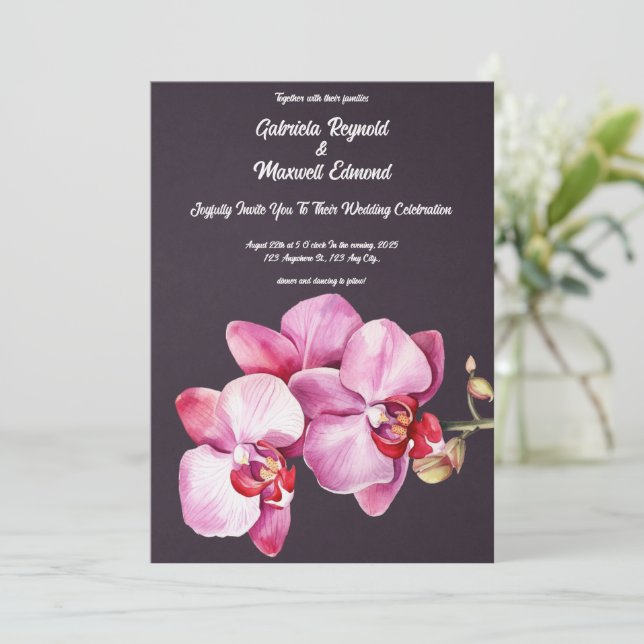 Watercolour Romantic Orchids Floral Wedding Invitation (Standing Front)