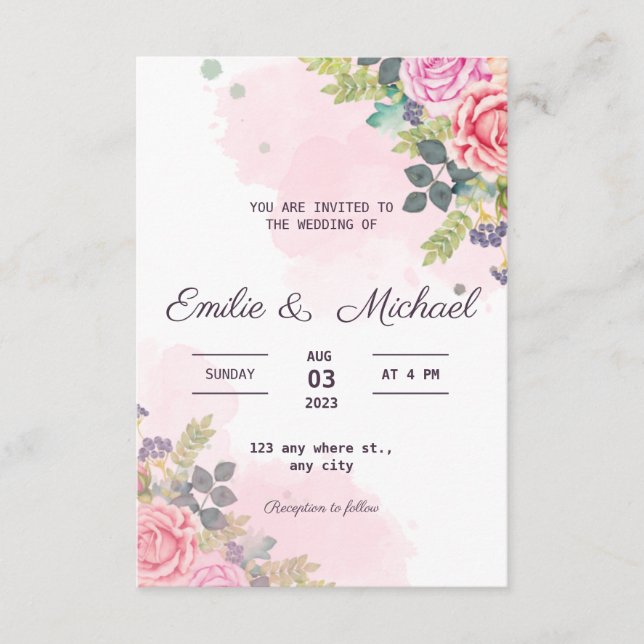 Watercolour rose Wedding invitation on budget (Front)