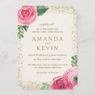 Watercolour Roses and Glitter Wedding Invitations
