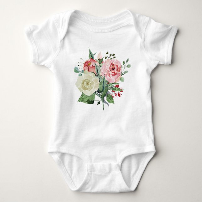 Watercolour roses, floral baby bodysuit (Front)