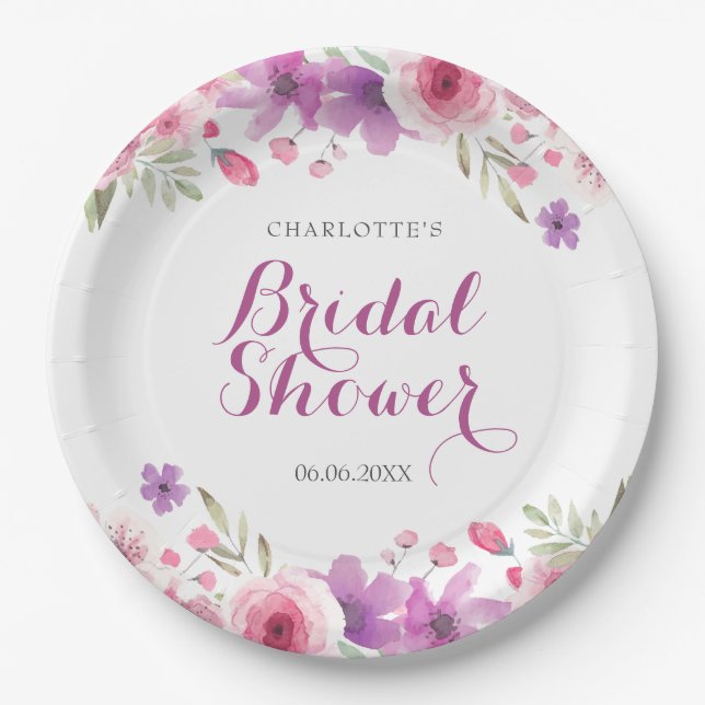 Watercolour Roses Floral Bridal Shower Paper Plates (Front)