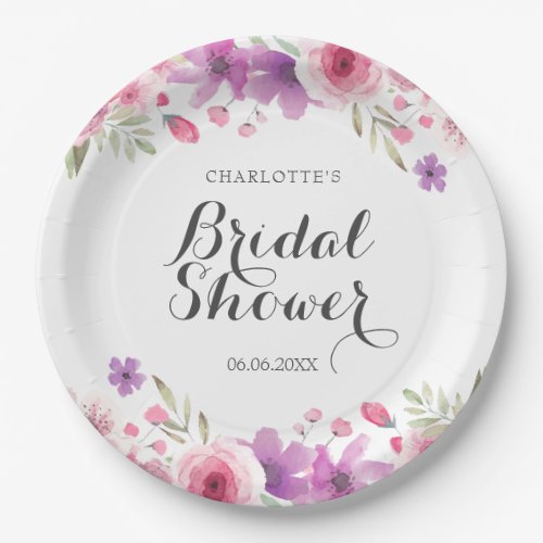 Watercolour Roses Floral Bridal Shower Paper Plates