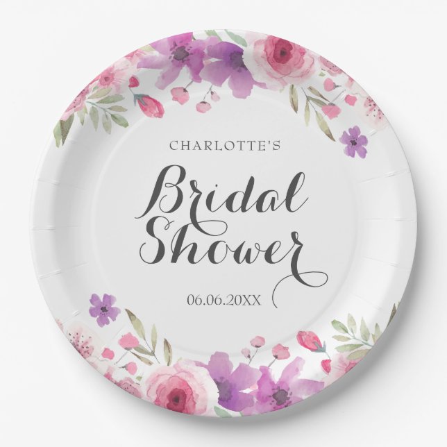 Watercolour Roses Floral Bridal Shower Paper Plates (Front)