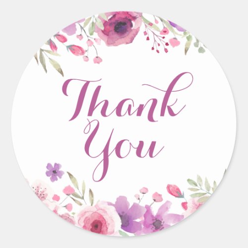 Watercolour Roses Greenery Floral Thank You Classic Round Sticker