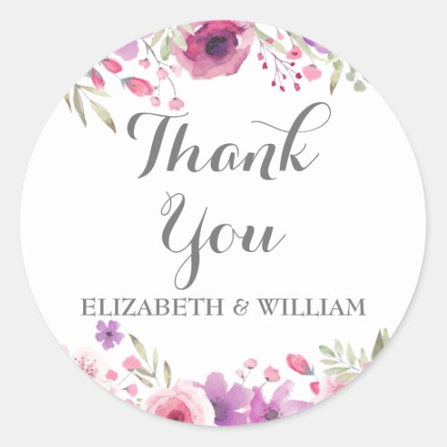 Watercolour Roses Greenery Thank You Classic Round Sticker