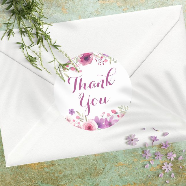 Watercolour Roses Thank You Classic Round Sticker (Watercolour Roses Thank You Classic Round Sticker)