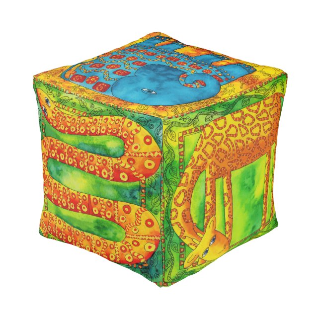 Watercolour Safari Jungle Animals Illustrative Pouf (Angled Back)