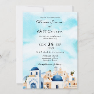 Watercolour Santorini, Greece destination wedding Invitation