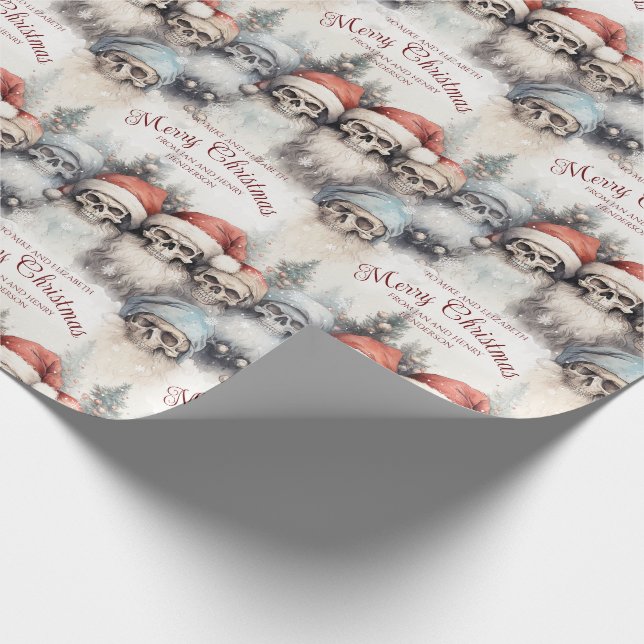 Watercolour Skulls in Santa Hats Gothic Christmas Wrapping Paper (Corner)