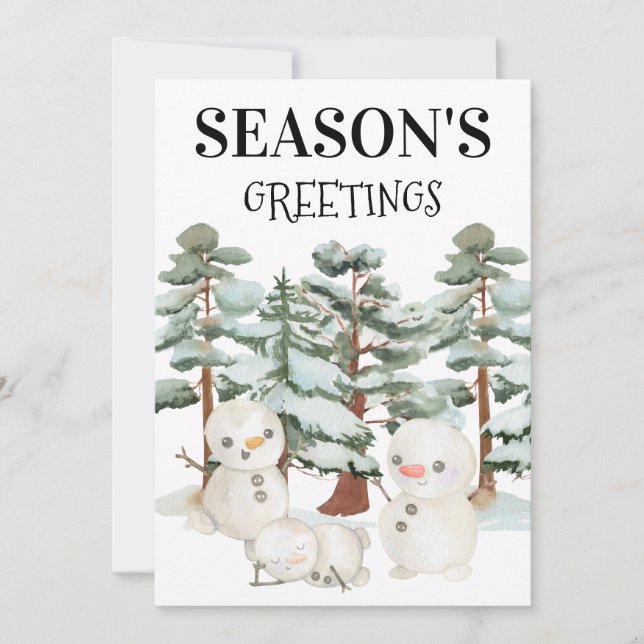 Watercolour Snowmen Scene Flat Holiday Card (Front)