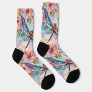 Watercolour socks with dragonflies and flowers