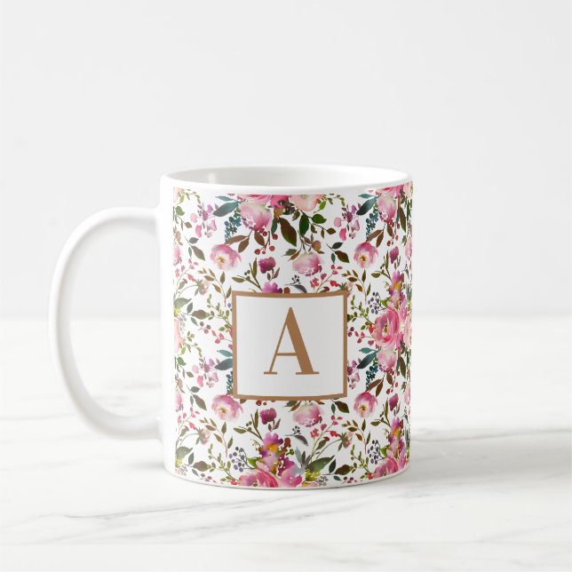 Watercolour Spring Floral Wreath Monogram Coffee M Mug (Left)