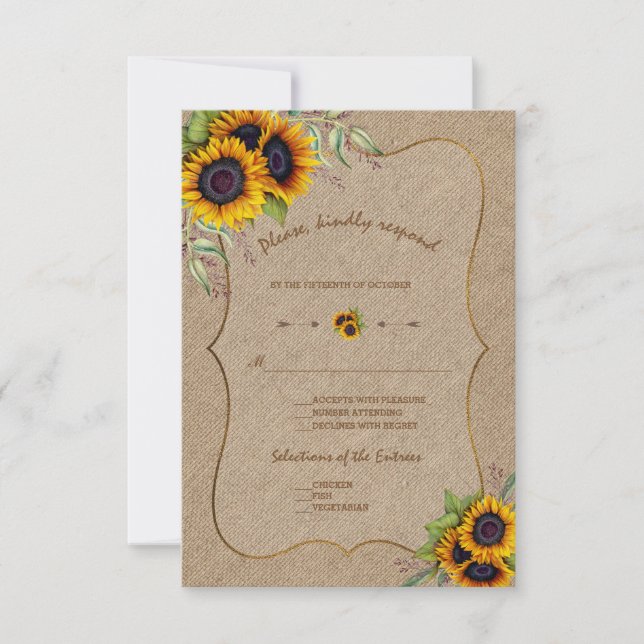 Watercolour Sunflowers Burlap Wedding RSVP (Front)