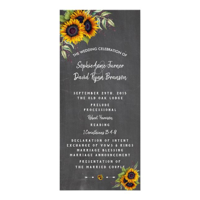 Watercolour Sunflowers Chalkboard Wedding Program (Front)