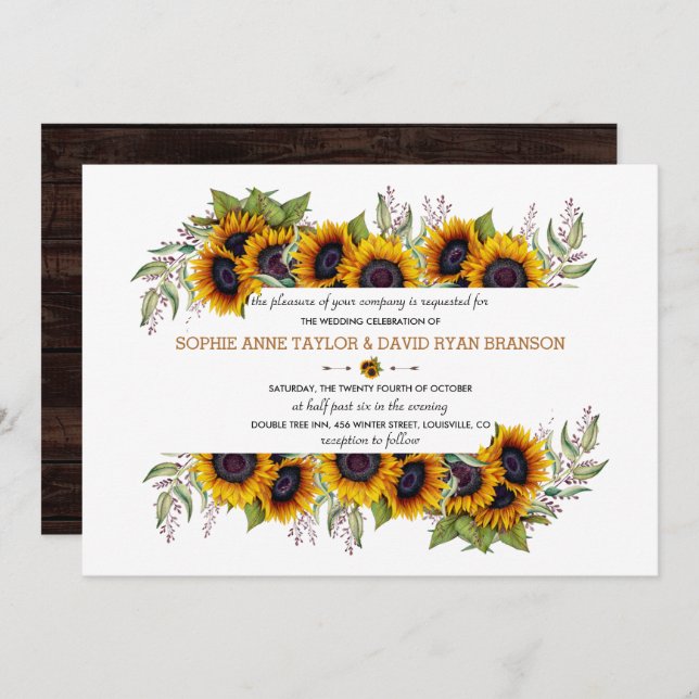 Watercolour Sunflowers Frame Old Barn Wedding Invitation (Front/Back)