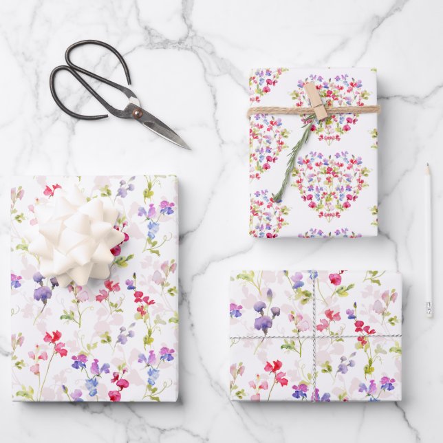 Watercolour Sweet Peas pretty floral  Wrapping Paper Sheets (Front)