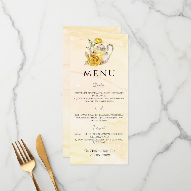 Watercolour tea party bridal shower menu (Front/Back In Situ)
