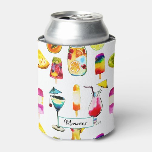 Watercolour Tropical Fruits Juice Cocktail Can Cooler