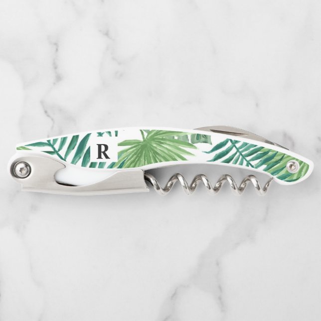 Watercolour Tropical Palm Greenery Monogram Waiter's Corkscrew (Front)