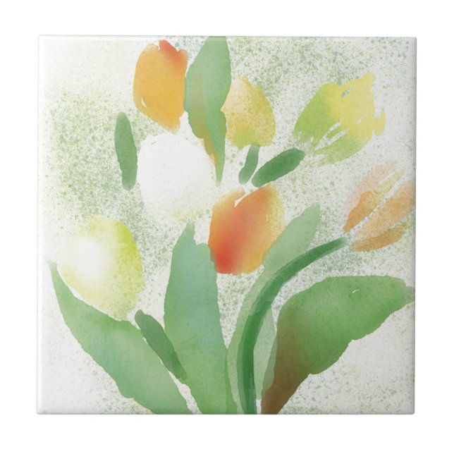 Watercolour tulip flowers, original artwork ceramic tile (Front)