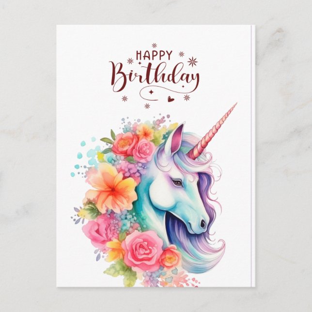 Watercolour Unicorn Floral Happy Birthday PostCard (Front)
