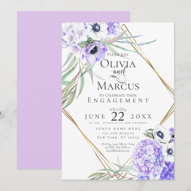 Watercolour Violet Anemone Floral  Geometric Frame Invitation (Front/Back)