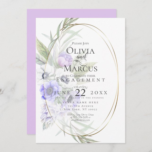 Watercolour Violet Anemone Floral  Oval Frame Invitation (Front/Back)