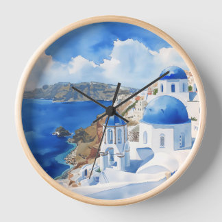Watercolour Wall Clock - Santorini