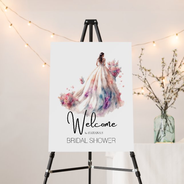 Watercolour Wedding Dress Welcome Bridal Shower Foam Board (In Situ (Stand))