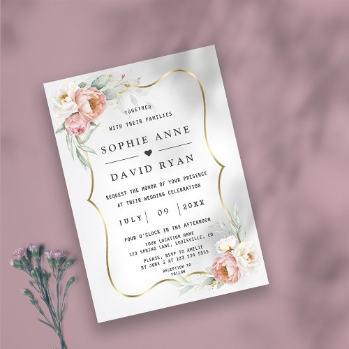 Watercolour White Dusty Rose Flowers Gold Wedding  Invitation