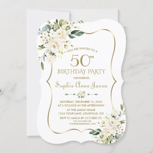 Watercolour White Floral Gold Frame 50th Birthday Invitation