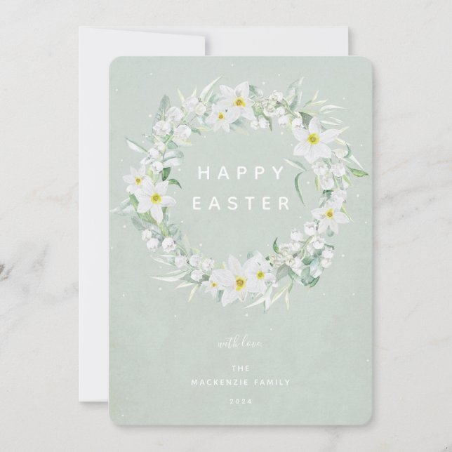 Watercolour White Floral Wreath Happy Easter Flat Holiday Card (Front)