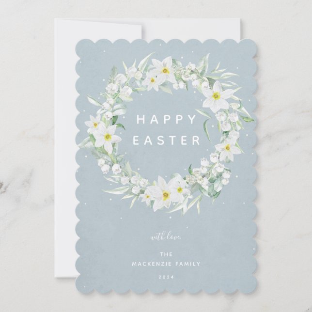 Watercolour White Floral Wreath Happy Easter Flat Holiday Card (Front)