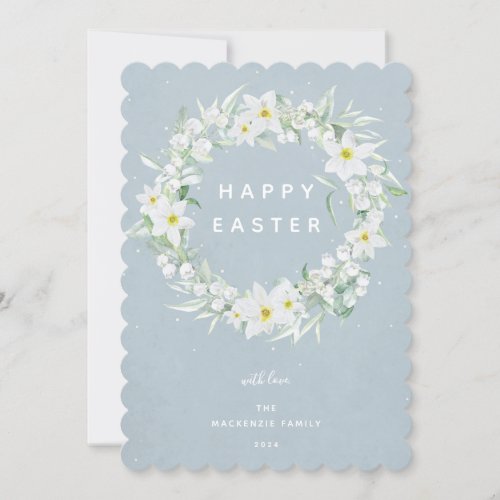 Watercolour White Floral Wreath Happy Easter Flat Holiday Card
