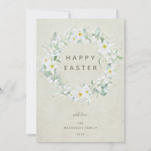 Watercolour White Floral Wreath Happy Easter Flat Holiday Card