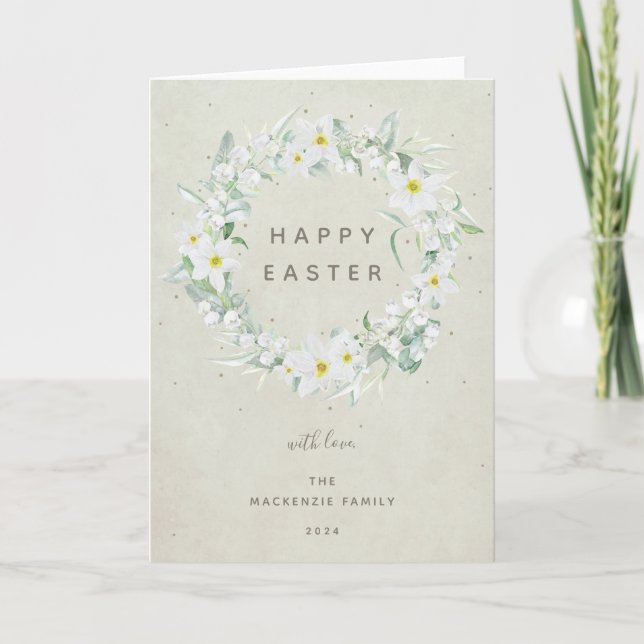 Watercolour White Floral Wreath Happy Easter Holiday Card (Front)