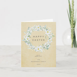 Watercolour White Floral Wreath Happy Easter Holiday Card