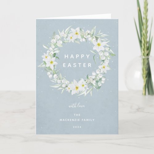 Watercolour White Floral Wreath Happy Easter Holiday Card