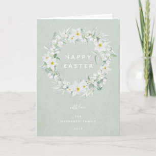 Watercolour White Floral Wreath Happy Easter Holiday Card