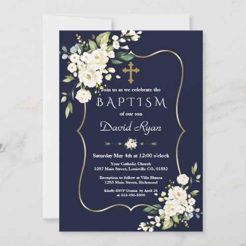 Watercolour White Flowers Gold Cross Boy Baptism Invitation