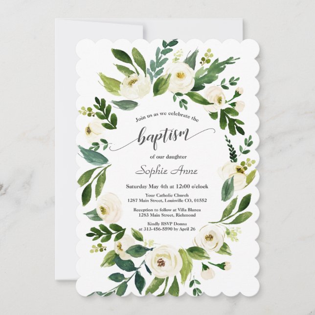 Watercolour White Flowers Gold Cross Girl Baptism Invitation (Front)