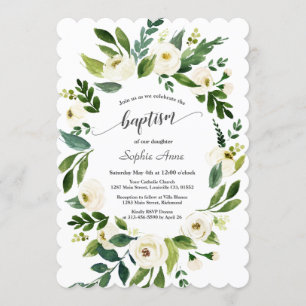 Watercolour White Flowers Gold Cross Girl Baptism Invitation