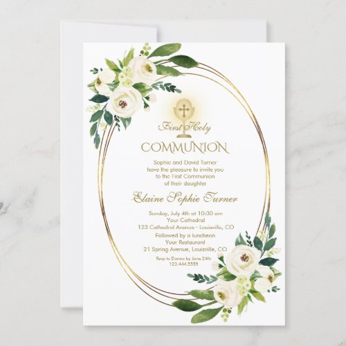Watercolour White Flowers Gold Holy Communion Invitation
