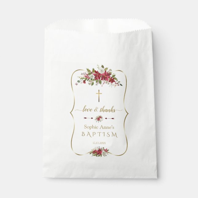 Watercolour White Red Poinsettia Gold Baptism Favor Bag (Front)